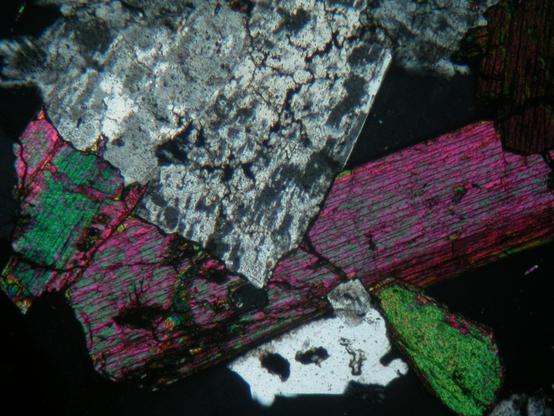 A view of a rock thin section down a polarizing microscope between crossed polars. There is a large squarish mottled grey crystal at the top of the field of view, half-embedded in an elongate purple crystal below, flanked by green-purple crystal on either side. The spaces between these bright crysla are filled with black and grey material.