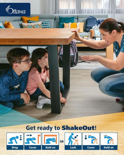 Photo of a woman instructing two children on how to take cover under a table during an earthquake. Photo is accompanied by the text "Get ready to Shake Out!" and icons demonstrating the drop or lock, cover and hold on actions for individuals with and without a mobility device.