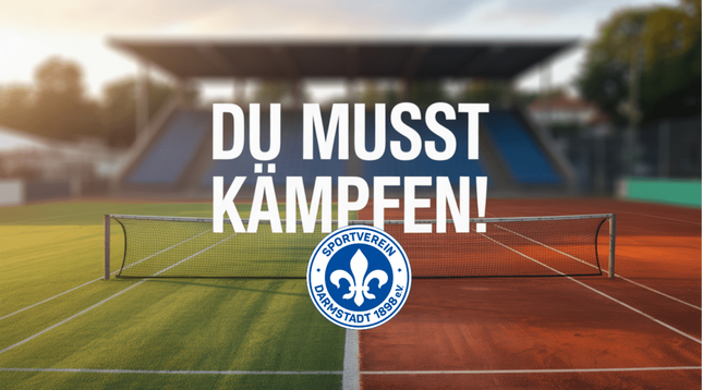 A photograph depicting a dynamic patchwork symbol representing sport and community. The image showcases a divided athletic field; one half is a vibrant green soccer field, seamlessly transitioning into a red-clay tennis court, all bathed in the warm glow of a late summer evening. Prominently displayed in bold, emotive typography across the background is the phrase "Du musst kämpfen!" ("You must fight!"), while blurred stadium seating and subtle shadows suggest a lively crowd. The color scheme gracefully blends the blue and white of SV Darmstadt 98, symbolizing unity and passion across disciplines.