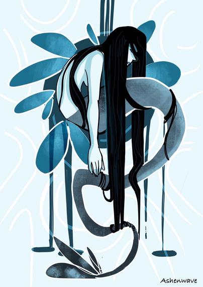 Illustration of a mermaid in a blue color palette. She’s floating in a fetal position with her long black hair falling to the ground like ink spilling on paper.