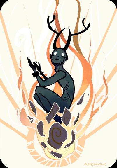 Illustration of a horned creature with dark skin, sitting on a comet, looking up. The comet’s tail flows upwards as they fall to earth.