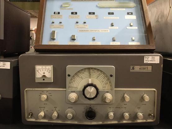 A Waseca, Minnesota, E.F. Johnson Viking Valiant II "boat anchor" for sale at the North Star Radio Convention last weekend. Atop the radio is a framed exhibit showing how crystals for oscillator circuits are fabricated.

Asking price for the radio? $120.00.
