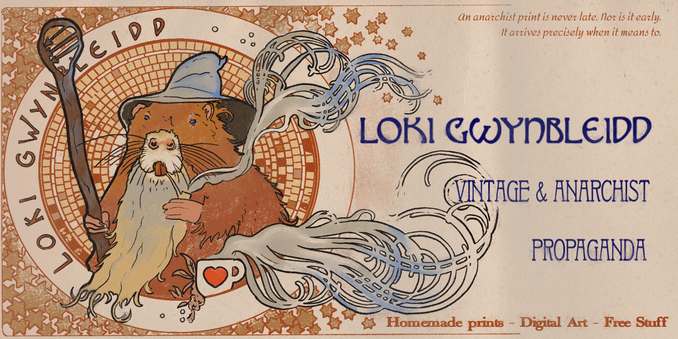 Bannière Art Nouveau avec un ragondin gandalf avec barbe, bâton, chapeau et pipe. Cette dernière fume avec des formes d'arabesque façon Mucha. Une tasse à café avec un cœur produit la même fumée.