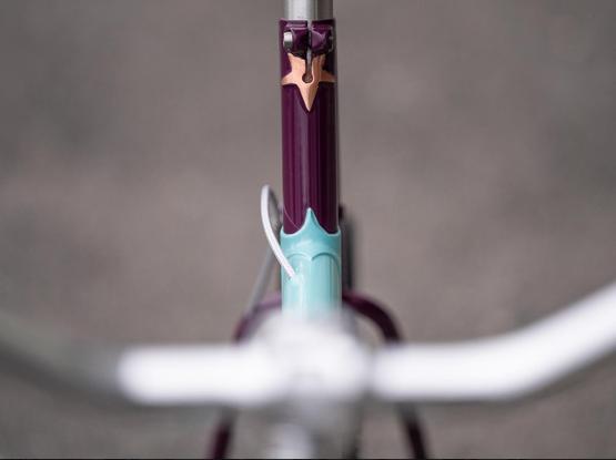 Detail shot of a mint and purple mini velo, showing a copper star below the seat clamp
The front of the bike is out of focus