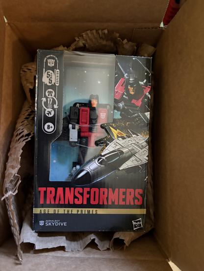Transformers: Age of the Primes Skydive, not yet freed from his packaging prison, nestled into a shipping box!