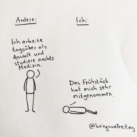 Schwarz-weiße Strichzeichnung mit zwei Figuren: links stehende Person sagt unter der Überschrift "Andere":  'Ich arbeite tagsüber als Anwalt und studiere nachts Medizin.', rechts liegende Person sagt unter der Überschrift "Ich": 'Das Frühstück hat mich sehr mitgenommen.'
