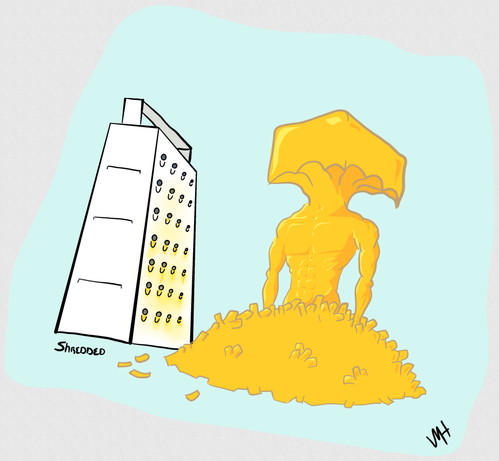 Inktober day 12 prompt: shredded.
A drawing of a box cheese shredder next to a pile of shredded cheese and what appears to be a muscular male figure partially car's out of the remaining block of cheese.