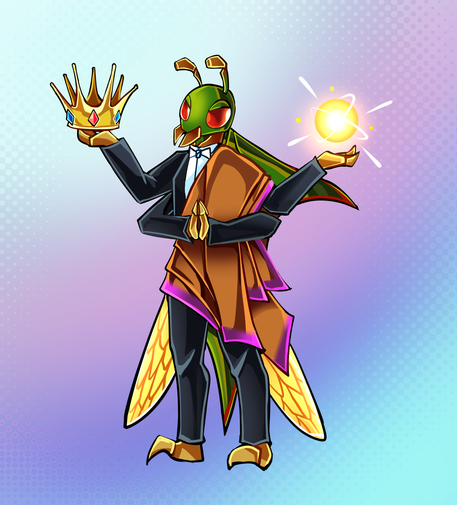 Cartoon anthro illustration of a bug character. He's wearing tuxedo suit, and a robe over one of the shoulders and waist. He's green, has two brown antenna, mandibles, and a big green spike on its back. He has a pair of yellow wings, and he has his two lower hands together. On his upper limbs, in his right hand he's holding a holden crown, and a ball of glowing magic on his left hand.