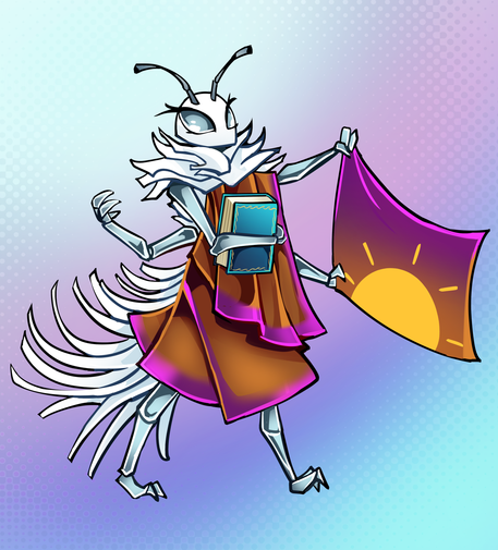 Cartoon illustration of an anthro bug. She's a flatid planthopper, all white, with fur around her neck, and down her back like a dress. Her head is white, and she has two big silvery gray eyes, and antenna of the same color, which is the same color of her 6 limbs. She's walking forward, with wearing a dress-like silky robe with pink accents, and with her upper and lower left hands, she's holding a flag with the same colors and a sun rising. With her lower right arm, she beckons someone to follow her, and with her upper left arm, she's carrying a blue book.