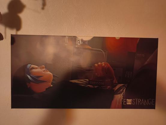 Bild hängt an der Wand. Das Bild zeigt eine junge Frau mit blauen Haaren, die auf dem Boden liegt. Auf ihrem Bauch liegt ein Aschenbecher und sie hat eine Zigarette/Joint in der Hand. Unten in der Ecke steht der Schriftzug 'Life is Strange'