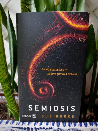 El libro sobre una maceta alargada con lengua de suegra. En la portada aparece una especie de raíz o tallo con cierto parecido a un ciempiés o escolopendra.