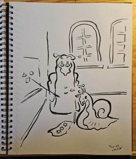 Ink drawing of a tiny snail trying to write what the teacher snail has written on the whiteboard. The outcome is not good.