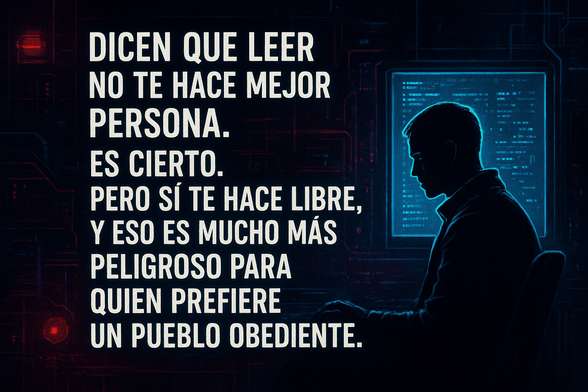 Imagen generada por IA Ciberpunk o moderna, pantallas, algoritmos, siluetas, mensaje de libertad mental frente a la manipulación mediática.