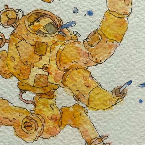 Detalle de la ilustración en acuarela en amarillos de varias tonalidades con contorno de tinta negra.