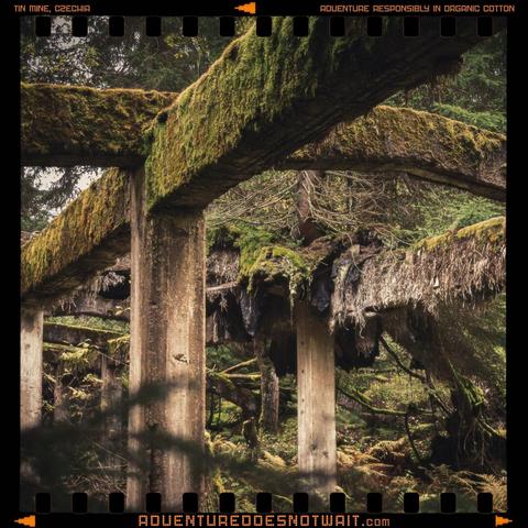 Abandoned concrete pillars of Tin Mine Rolava, Czechia, covered in vibrant moss and ferns, blending industrial decay with nature’s resilience. The earthy tones and textures mirror the organic cotton fabrics of sustainable adventure apparel.