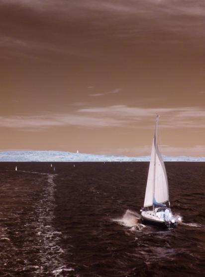 Ein Segelboot pflügt durch die Wellen des Hiddenseer Boddens, dessen Meerwasser pechschwarz ist, obwohl das Foto am hellichten Tag aufgenommen wurde. Am seltsam orange verfärbten Himmel hängen ein paar Wolkenbänder, und in der Ferne sind die merkwürdig weißen Wiesen und Bäume der Insel zu sehen, auf der ganz klein der Leuchtturm emporragt.