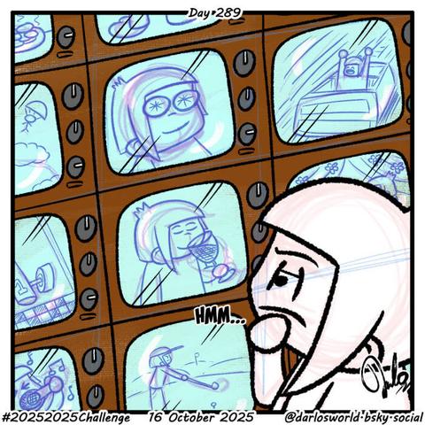 Drawing of Darlo looking at many televisions showing him doing lots of different experience activities.