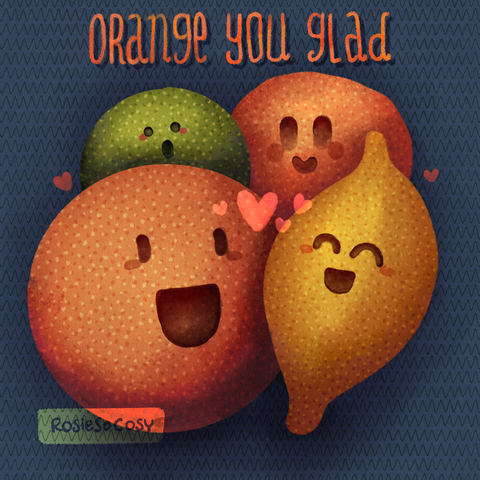 Illustration of a happy orange, with a happy lemon next to it. Behind them are a surprised lime and a content satsume.