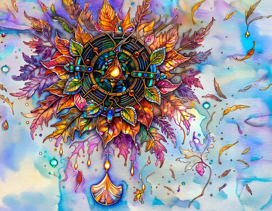A vibrant somewhat symmetrical mandala, suggesting inspiration, in the form of  glass-like autumn leaves, electronic circuits, and lights, on a background of sky. Watercolor style.