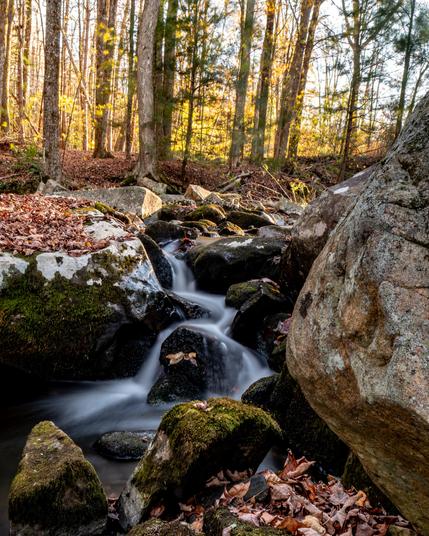A small waterfall on stream with lots of large rocks, covered in recently fallen leaves