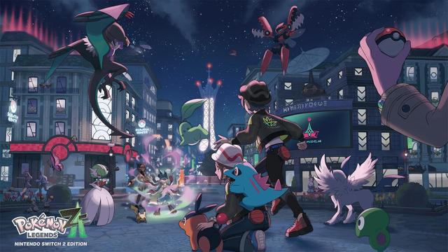 Promotional artwork for Pokémon Legends: Z-A - Nintendo Switch 2 Edition, set in Lumiose City at night. Two Fletchling perch on a railing above the Pokémon Center. In front of the Center, a Debutante Trim Furfrou and a Meadow Pattern Vivillon walk with their presumed trainers. A Helioptile peeks out from behind the Center’s sign. Two Bunnelby stand on the stone pavement, watching the scene. On a rooftop, Mega Steelix overlooks the city, while Mega Salamence flies high above. In the foreground, a battle unfolds with Noivern, Mega Gardevoir, Pikachu, Mega Lucario, Chikorita, Absol, and Mega Scizor. A crouching trainer is accompanied by Totodile and Tepig. A Zygarde Cell is visible behind the trainers. In the distance, beneath a screen, a person stands with Swirlix and Aromatisse. On the right side, two Shuppet float near a lamppost. A human arm is partially visible in the scene, and two figures stand in shadow near a satellite dish.