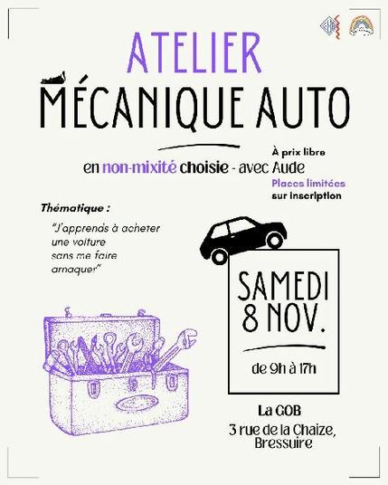 Affiche d'un atelier mécanique auto à la Gob le samedi 8 novembre 2025.