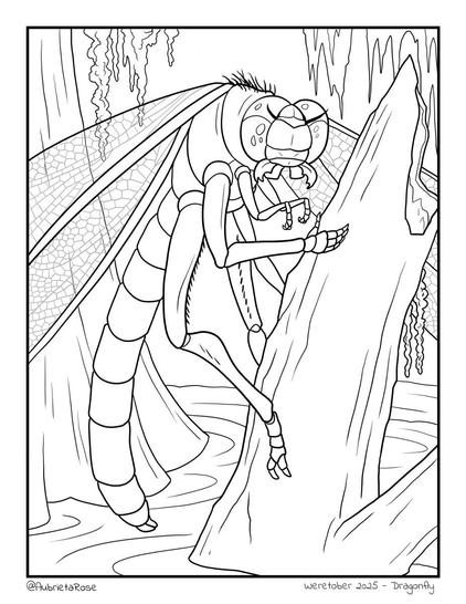 Line art illustration of a huge dragonfly with some anthro features to its limbs and mandibles spread wide in a threatening posture, perched on the side of a log in a swamp.