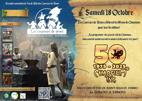 Sur la gauche, une illustration fantasy montre un groupe de personnages réunis autour d’un autel de pierre surmonté d’une épée, dans une ambiance mystique et médiévale: l'épée du roi Arthur plantée avec l'élu qui va tenter de l'arracher !
