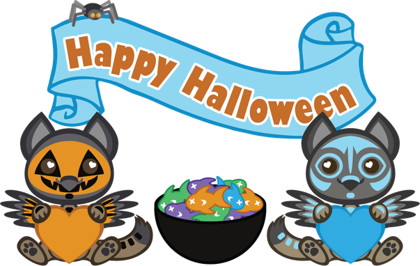 A Happy Halloween banner with a spider on it and two gryphosn below it with candy fish in a cauldron. All in a happy, chibi style by YoteNotes. One gryphon is pumpkin, a bog witch with pumpkin-orange markings. The other is Soft Paws, with a light blue skeletal pattern on her.