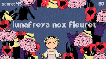 Screen shot of a typing game featuring a protagonist who is making clothes for her girlfriend. The screen shows piles of clothing and accessories as well as the current phrase: "lunafreya nox fleuret"