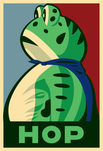 Illustrated in Affinity Designer by Edgar Walthert @eWalthert@typo.social without any automated tools.
#HOP is an image of a giant inflatable frog suit facing to the left with its hands against its sides, wearing a blue cape and standing between a vertically split light blue and red background. Across the bottom in green it says Hop in all capitals.