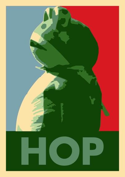 A graphic illustration of a frog, predominantly in green tones, set against a background with blue and red sections. 

The word "HOP" is prominently displayed at the bottom in bold letters.

Created by Judah Hansen