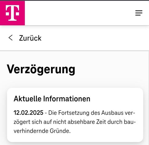 Screenshot einer Benachrichtigung der Telekom, dass der Ausbau (des Glasfasernetzes) sich verzögert.