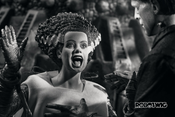 The Bride screams as she she's Frankenstein's Monster approach her