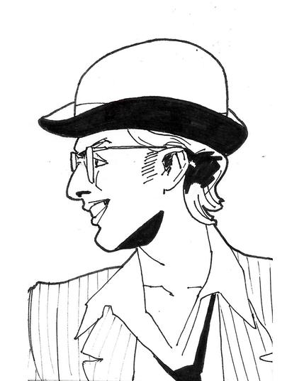 Dibujo a rotulador de El Acertijo, con gafas, traje y bombín.