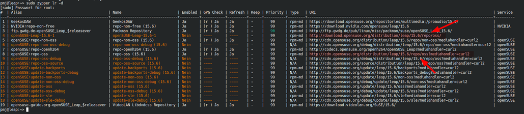 screenshot der liste meiner repos in der konsole. markiert und mit pfeilen darauf hingewiesen sind die beiden im post erwähnten repo url