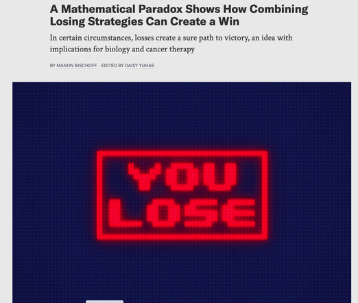 From the article, 

Text reads A Mathematical Paradox Shows How Combining Losing Strategies Can Create a Win

In certain circumstances, losses create a sure path to victory, an idea with implications for biology and cancer therapy

And a flashing sign, alternating between you win and you lose