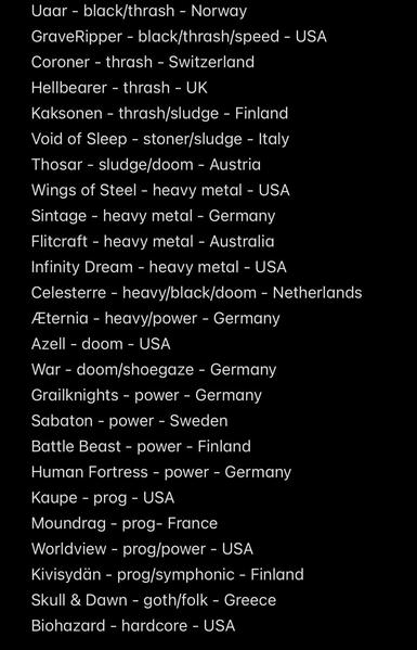 Uaar - black/thrash - Norway
GraveRipper - black/thrash/speed - USA
Coroner - thrash - Switzerland
Hellbearer - thrash - UK
Kaksonen - thrash/sludge - Finland Void of Sleep - stoner/sludge - Italy
Thosar - sludge/doom - Austria
Wings of Steel - heavy metal - USA
Sintage - heavy metal - Germany Flitcraft - heavy metal - Australia Infinity Dream - heavy metal - USA
Celesterre - heavy/black/doom - Netherlands
Æternia - heavy/power - Germany
Azell - doom - USA
War - doom/shoegaze - Germany
Grailknights - power - Germany
Sabaton - power - Sweden
Battle Beast - power - Finland
Human Fortress - power - Germany
Kaupe - prog - USA
Moundrag - prog- France
Worldview - prog/power - USA
Kivisydän - prog/symphonic - Finland
Skull & Dawn - goth/folk - Greece
Biohazard - hardcore - USA
