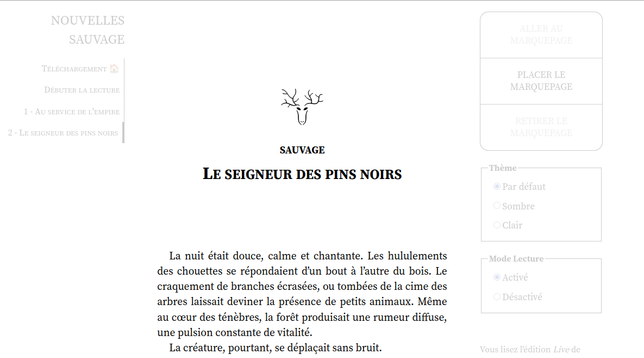Screenshot des premières lignes du texte "Le seigneur des pins noirs", présenté sur le lecteur en ligne Fabrilivre