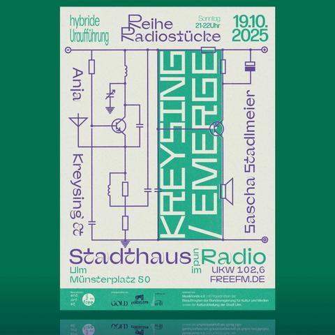 green / white flyer with green, white and lilac typo, announcement for radio art in Ulm / Germany. All Infos in caption.