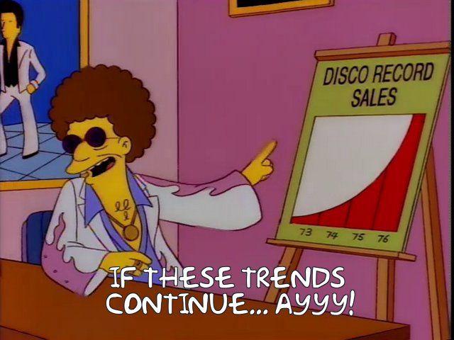A screenshot of the Simpsons episode where Disco Stu points to the exponential sale of Disco Records saying "If these trends continue... ayyyy!"