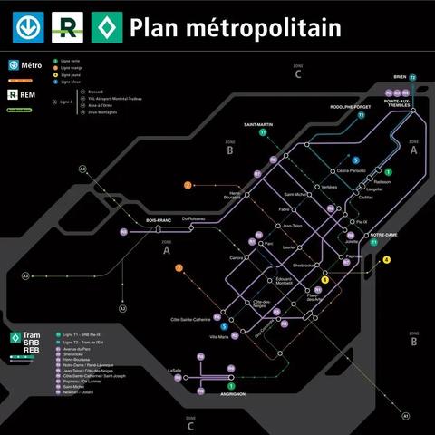 Un plan du métro de Montréal, intitulé « Plan métropolitain », présentant les différentes lignes de transport en commun, notamment le métro (lignes verte, orange, jaune et bleue), le REM (ligne vert clair) et des corridors du Réseau Express Bus (REB) proposé par Projet Montreal (lignes mauve). Le plan indique les différentes zones et les noms des stations, avec des couleurs.