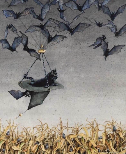 The image is a piece of art titled "Straight on Till Morning" by artist Maggie Vandewalle. The artwork depicts a black cat being carried in an upside-down witch's hat by a group of bats.