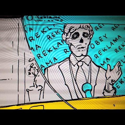 Zbliżenie na zombie w garniturze.