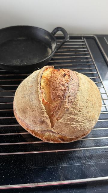 Ein frisch gebackenes, kleines rundes Brot auf einem Gitterrost, mit einer goldbraunen Kruste und schön aufgerissen. Hinter dem Brot steht das Gusseisenpfännchen, in dem es gebacken wurde.