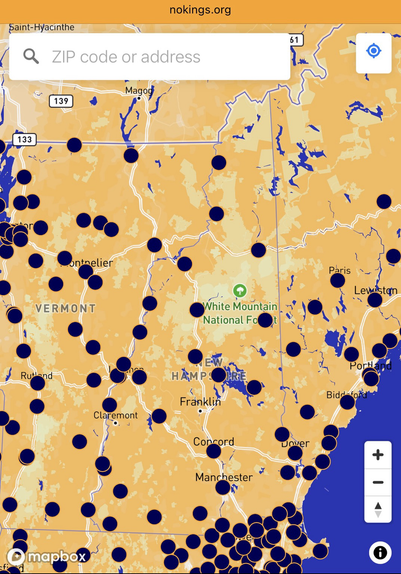 Map showing locations of the “No Kings 2.0” protests to be held in New Hampshire on Saturday, October 18th, 2025.