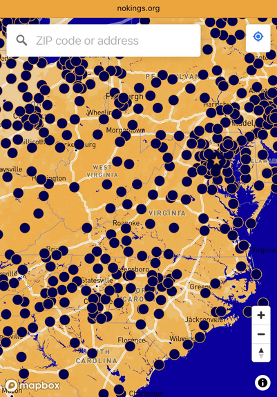 Map showing locations of the “No Kings 2.0” protests to be held in Virginia on Saturday, October 18th, 2025.