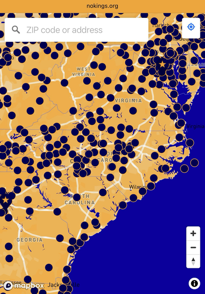 Map showing locations of the “No Kings 2.0” protests to be held in North Carolina on Saturday, October 18th, 2025.
