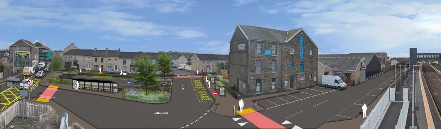 Swept path analysis plan of Llanelli transport hub showing how buses and cars circulate through the site, with new footways, crossings and cycle access points.