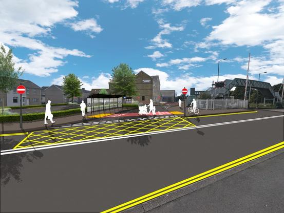 Swept path analysis plan of Llanelli transport hub showing how buses and cars circulate through the site, with new footways, crossings and cycle access points.